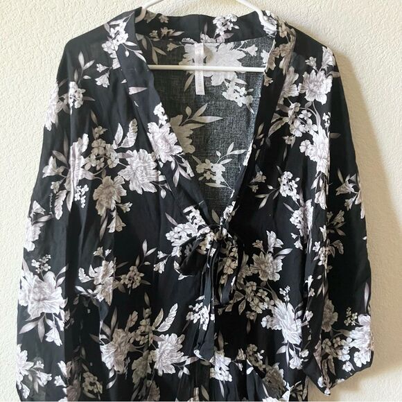 Spiritual Gangster Maya Black Floral Boho Casual Hippie Tie Waist Robe Kimono OS - Picture 6 of 10